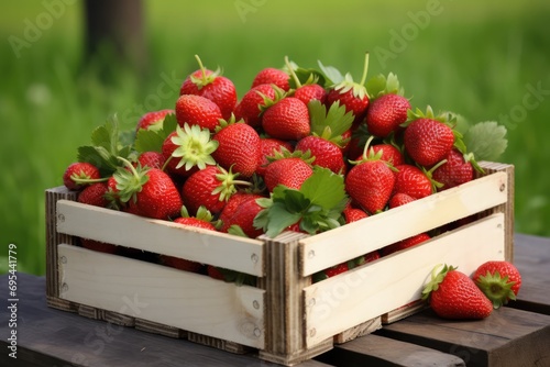 Wooden Box Of Strawberries Stands On The Grass