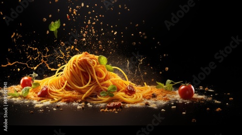 Spaghetti advertisement menu banner with copy space area. Spaghetti with flying ingredients and spices hot ready to serve and eat