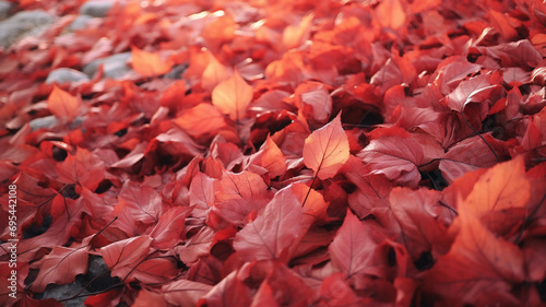 A breathtaking view of a heap of hollow red autumn leaves on the ground, creating a vibrant and textured landscape captured in stunning detail by an HD camera.
