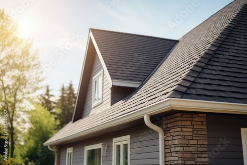 Closeup Of New House Roof With Shingles And Gutters photo