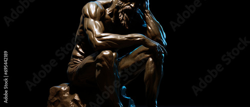 Distressed man statue on black background, thinking pose of ancient man monument sitting on a rock with athletically built body and expressive muscles, generative AI photo