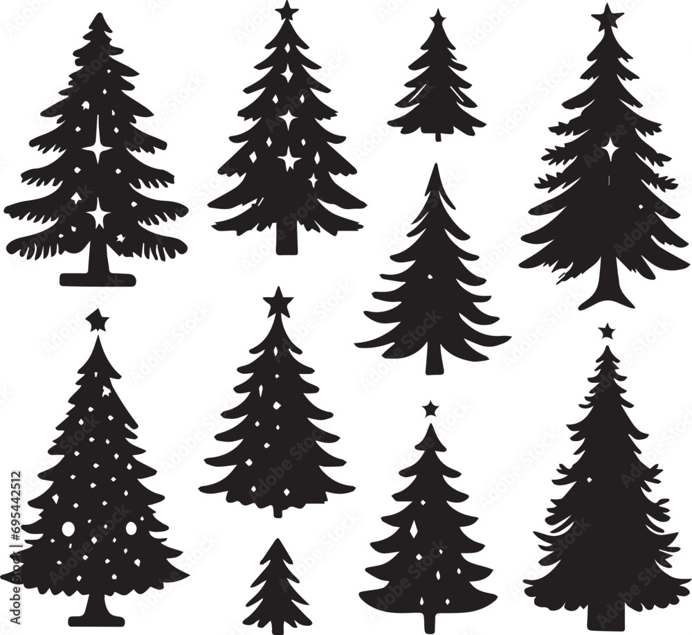 Silhouette Solid Vector Icon Set Of Christmas Tree, Yule tree, Fir tree, Tannenbaum, Evergreen, Conifer, Pine tree, Holiday tree, Festive tree, Decorated tree, Seasonal tree.