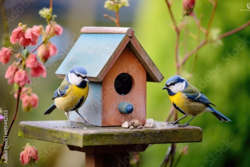 Garden Birds Feeding On Birdhouse