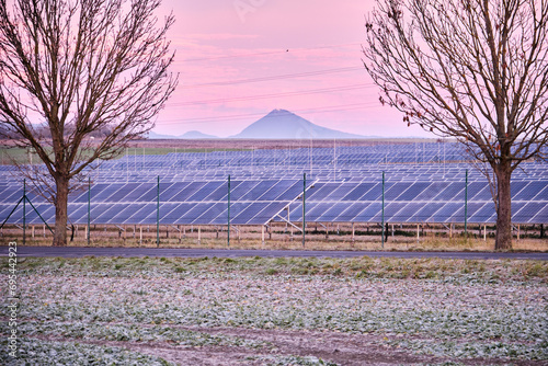 Solar power plant park with panels beyond chain link fence. Subsidized renewable energy source on arable land. Europe. Czech Republic. Freezing winter morning or evening in agricultural field. photo