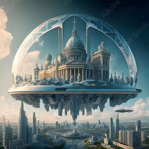 Enormous marble Glassdisk Asgard brutalism Gothicpantheon rococo marble luxury 12 Dimensional multi Cathedral palace villa glass City Fortress Tardis Hover giant Catholic Cathedral in the air, sci-fi 