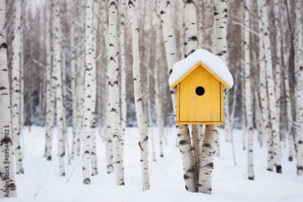 Yellow Birdhouse Amidst Winter Park And Birch Trees