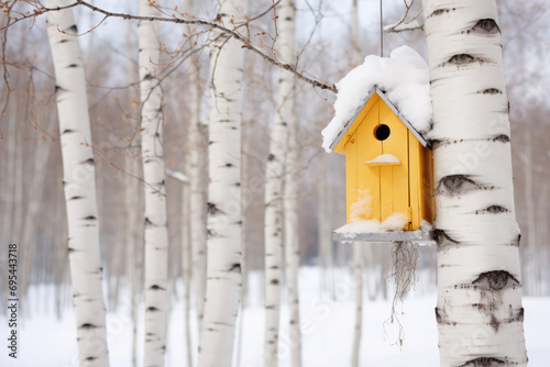 Vision Of A Winter Park: Birch Trees And A Yellow Birdhouse © Anastasiia