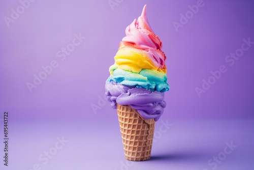 rainbow color ice cream in a cone on a purple background, pride celebration