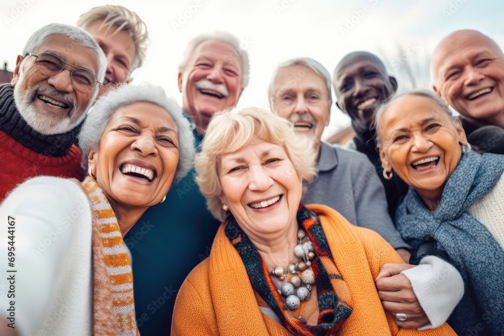 Happy group of senior people smiling at camera outdoors, Older friends taking selfie pic with smart mobile phone device, Life style with pensioners having fun together on summer holiday Happy group of senior people smiling at camera outdoors, Older friends taking selfie pic with smart mobile phone device, Life style with pensioners having fun together on summer holiday