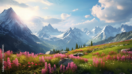 A breathtaking view of alpine meadows in the Caucasus mountains, where the vibrant colors of wildflowers harmonize with the majestic peaks, creating a stunning and realistic scene photo