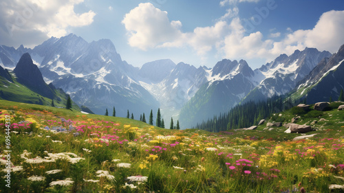 A breathtaking view of alpine meadows in the Caucasus mountains, where the vibrant colors of wildflowers harmonize with the majestic peaks, creating a stunning and realistic scene