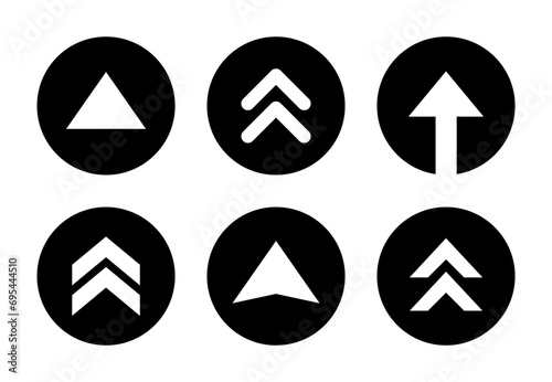 Swipe up arrow button icon on black circle. Scroll button vector