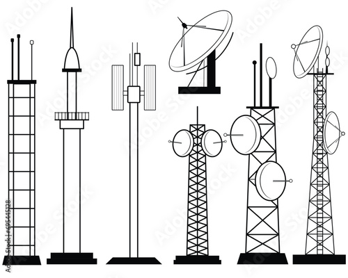 Set of signal tower vector line art. Transmission tower silhouettes