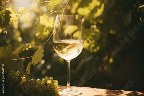 a glass of wine sitting on top of a table next to a bottle of wine and a bunch of grapes on top of a wooden table with green leaves in the background.