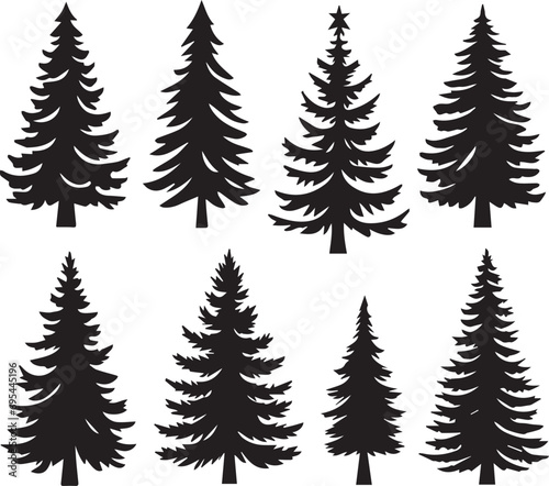 Silhouette Solid Vector Icon Set Of Christmas Tree, Yule tree, Fir tree, Tannenbaum, Evergreen, Conifer, Pine tree, Holiday tree, Festive tree, Decorated tree, Seasonal tree.