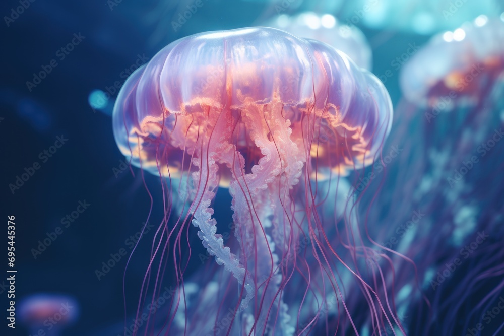  a group of jellyfish swimming in a blue and pink water tank with jellyfish in it's tentacles and water droplets on the bottom of it's surface.