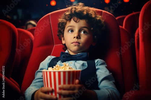 Photo of a Caucasian preteen boy with a basket of popcorn at the cinema watching an action-packed thriller. Close-up portrait.