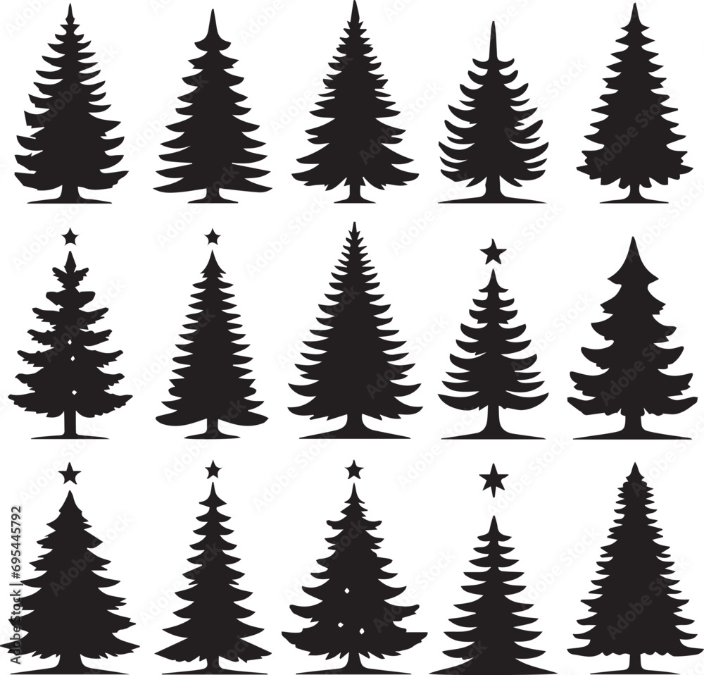 Silhouette Solid Vector Icon Set Of Christmas Tree, Yule tree, Fir tree, Tannenbaum, Evergreen, Conifer, Pine tree, Holiday tree, Festive tree, Decorated tree, Seasonal tree.