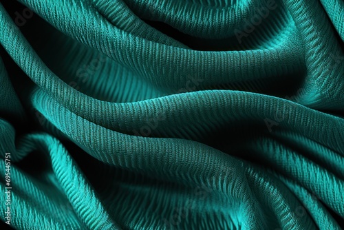  a close up view of a teal fabric with a wavy design on the top and bottom of the fabric on the bottom of the image, with a black background. © Nadia