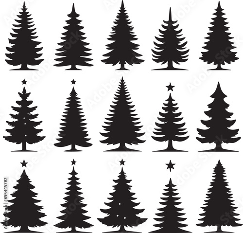 Silhouette Solid Vector Icon Set Of Christmas Tree  Yule tree  Fir tree  Tannenbaum  Evergreen  Conifer  Pine tree  Holiday tree  Festive tree  Decorated tree  Seasonal tree.