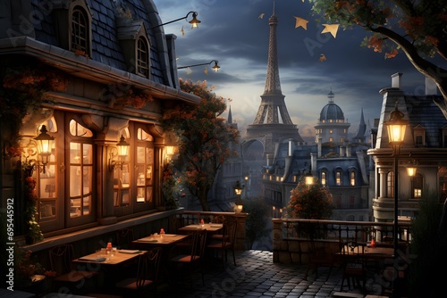 Illustration of a restaurant in Paris at night with the Eiffel tower in the background