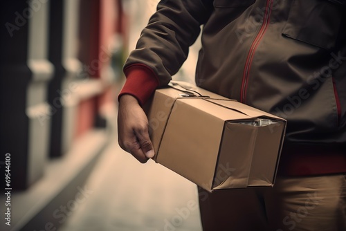 Delivery man carries a cardboard box in his hands