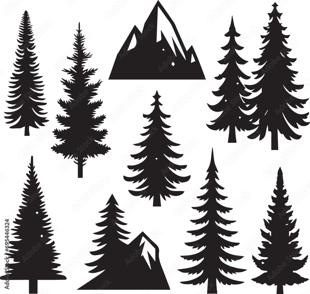 Obraz premium Silhouette Solid Vector Icon Set Of Christmas Tree, Yule tree, Fir tree, Tannenbaum, Evergreen, Conifer, Pine tree, Holiday tree, Festive tree, Decorated tree, Seasonal tree.