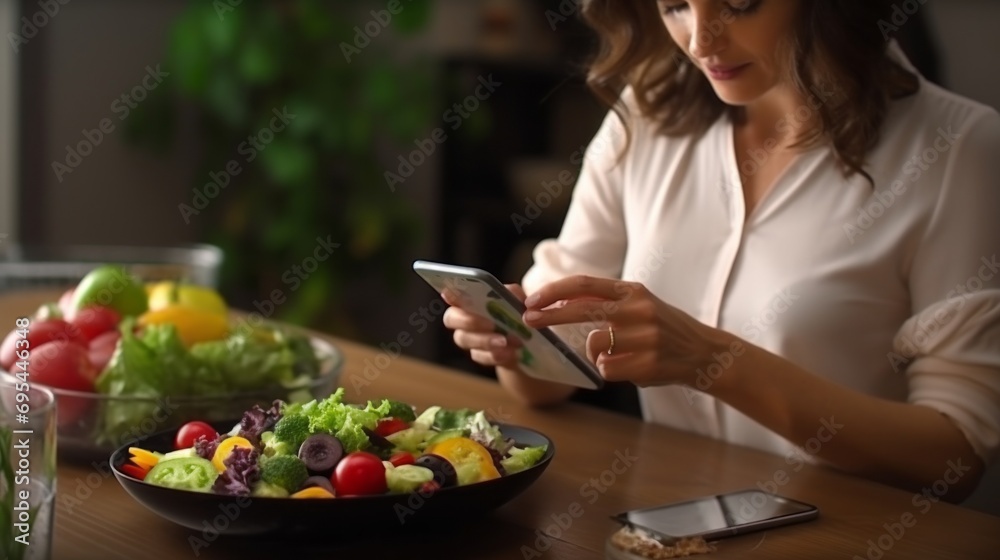 Healthy lifestyle: woman counts calories and manages diet with smartphone app at dining table, salad in focus