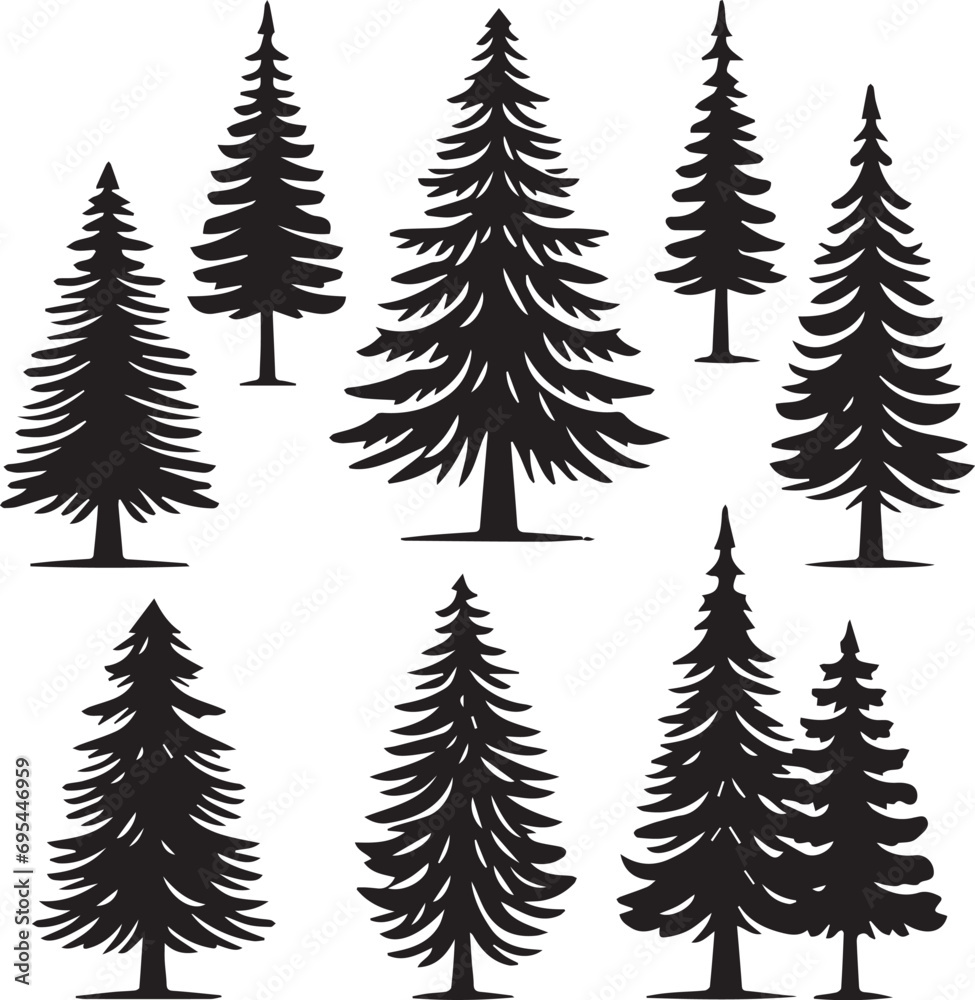 Obraz premium Silhouette Solid Vector Icon Set Of Christmas Tree, Yule tree, Fir tree, Tannenbaum, Evergreen, Conifer, Pine tree, Holiday tree, Festive tree, Decorated tree, Seasonal tree.