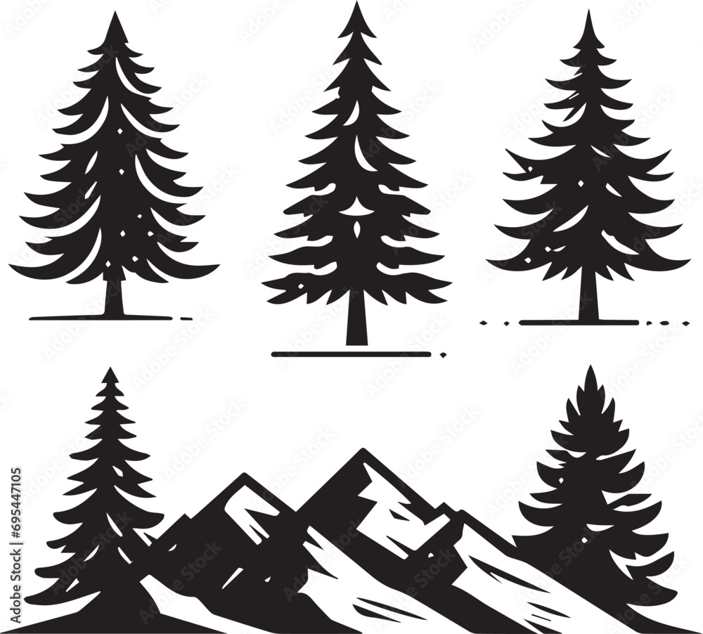 Obraz premium Silhouette Solid Vector Icon Set Of Christmas Tree, Yule tree, Fir tree, Tannenbaum, Evergreen, Conifer, Pine tree, Holiday tree, Festive tree, Decorated tree, Seasonal tree.
