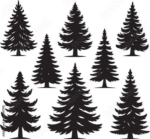 Silhouette Solid Vector Icon Set Of Christmas Tree  Yule tree  Fir tree  Tannenbaum  Evergreen  Conifer  Pine tree  Holiday tree  Festive tree  Decorated tree  Seasonal tree.