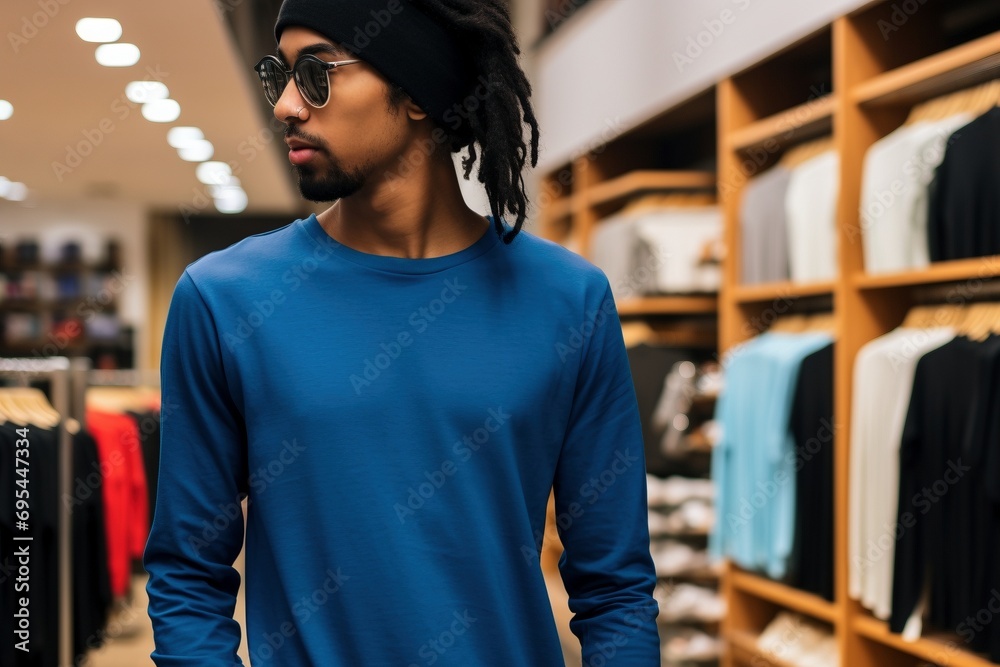 Urban Chic Affair: Blue Long Sleeve T-Shirt Mockup Captured in High Quality, Vlogger Adds a Touch of Sophistication in Front of an Expensive Clothing Boutique Urban Chic Affair: Blue Long Sleeve T-Shirt Mockup Captured in High Quality, Vlogger Adds a Touch of Sophistication in Front of an Expensive Clothing Boutique