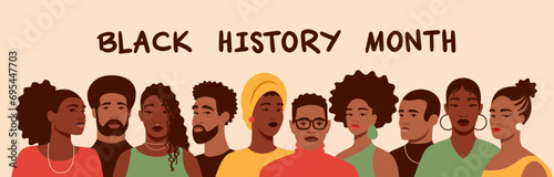 A group portrait of black people. African American men and women. Black History Month. Cartoon, flat, vector illustration
