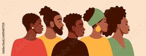 A group portrait of black people. African American men and women. Black History Month. Cartoon, flat, vector illustration