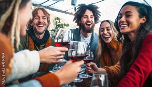 Happy multiracial friends toasting red wine at restaurant terrace, Group of young people wearing winter clothes having fun at outdoors winebar table, Dining life style and friendship photo