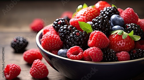 A bowl of fresh mixed berries. strawberries  blueberries  and raspberries. Healthy