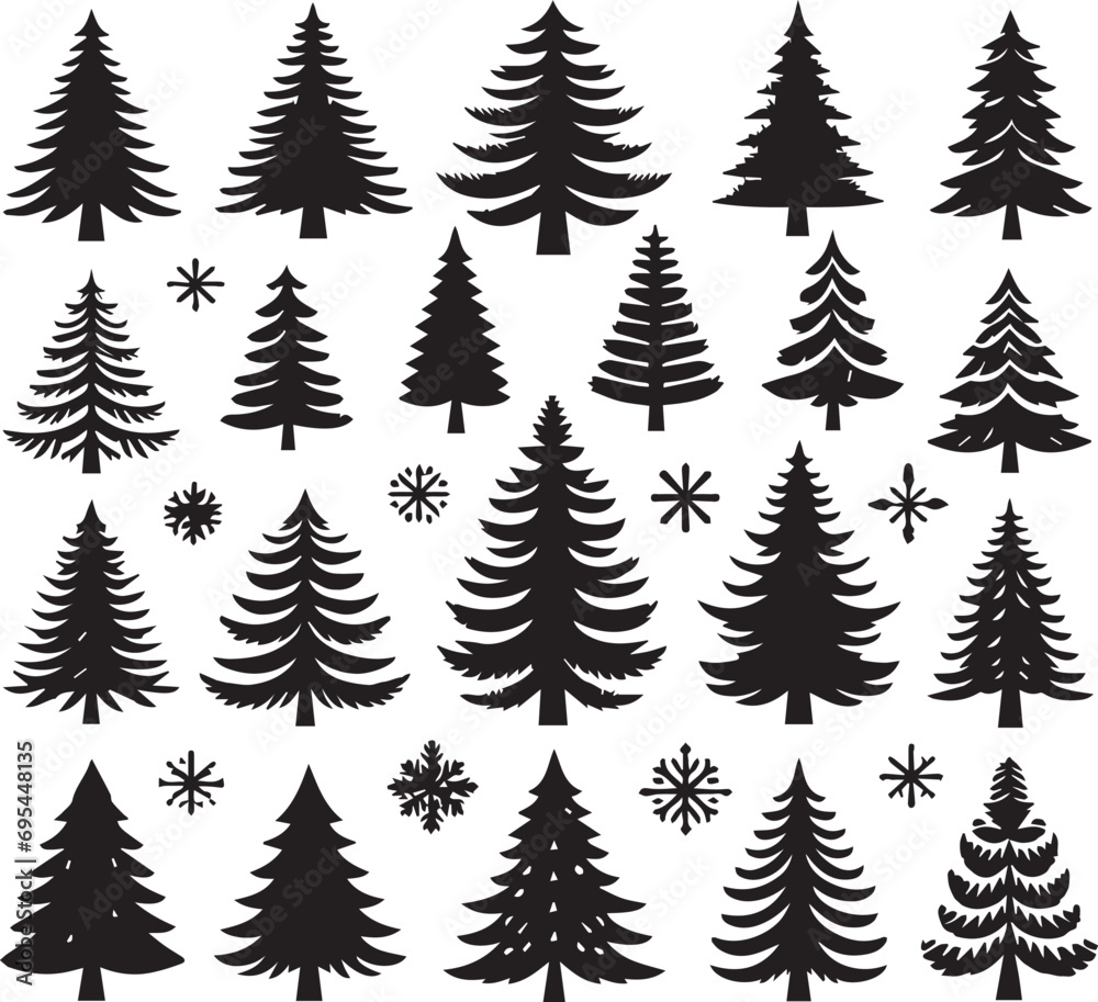 Fototapeta premium Silhouette Solid Vector Icon Set Of Christmas Tree, Yule tree, Fir tree, Tannenbaum, Evergreen, Conifer, Pine tree, Holiday tree, Festive tree, Decorated tree, Seasonal tree.