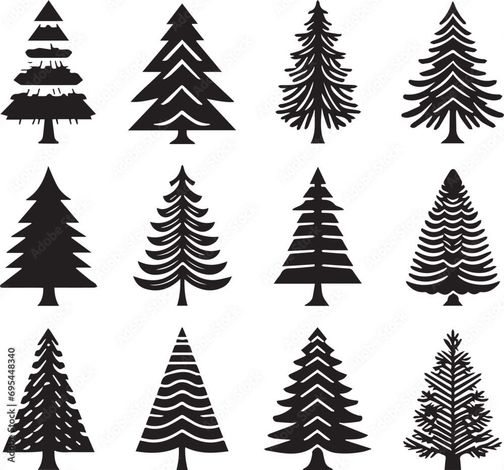 Obraz premium Silhouette Solid Vector Icon Set Of Christmas Tree, Yule tree, Fir tree, Tannenbaum, Evergreen, Conifer, Pine tree, Holiday tree, Festive tree, Decorated tree, Seasonal tree.