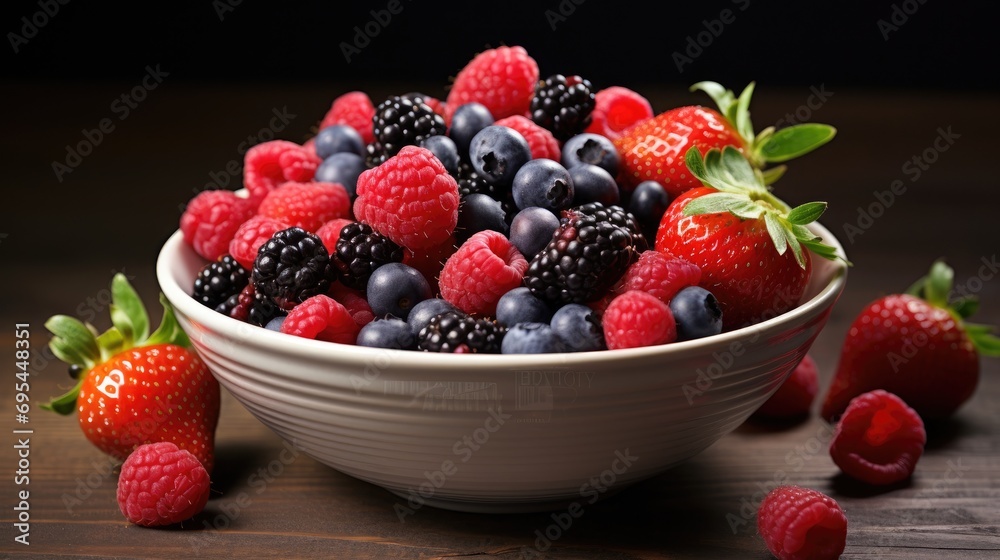 A bowl of fresh mixed berries. strawberries, blueberries, and raspberries. Healthy