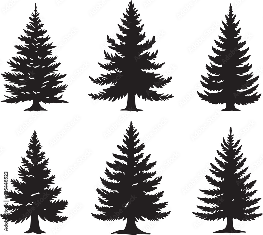 Fototapeta premium Silhouette Solid Vector Icon Set Of Christmas Tree, Yule tree, Fir tree, Tannenbaum, Evergreen, Conifer, Pine tree, Holiday tree, Festive tree, Decorated tree, Seasonal tree.