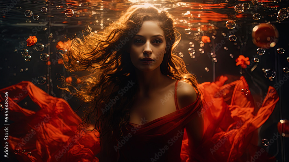 Fototapeta premium A woman in a red dress floating under water, surrounded by bubbles