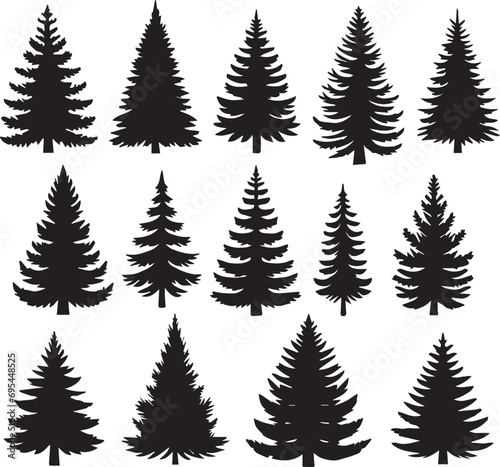 Silhouette Solid Vector Icon Set Of Christmas Tree, Yule tree, Fir tree, Tannenbaum, Evergreen, Conifer, Pine tree, Holiday tree, Festive tree, Decorated tree, Seasonal tree. © sahadul