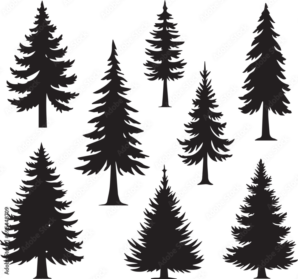 Silhouette Solid Vector Icon Set Of Christmas Tree, Yule tree, Fir tree, Tannenbaum, Evergreen, Conifer, Pine tree, Holiday tree, Festive tree, Decorated tree, Seasonal tree.