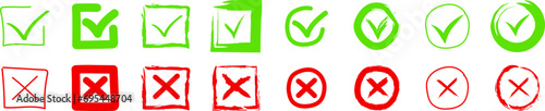 Set of hand-drawn check mark and cross. Consent sign, checkmark, ok and X icons. Vector set on transparent background. Vector EPS 10 and PNG image