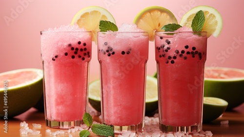  three glasses of watermelon lemonade and limeade with mint sprinkles and lime slices on a wooden table with a pink wall in the background.
