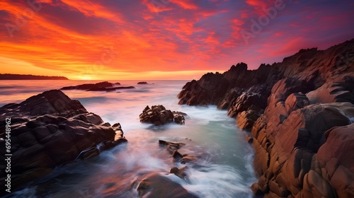 Long exposure panoramic image of a beautiful sunset over a rocky beach