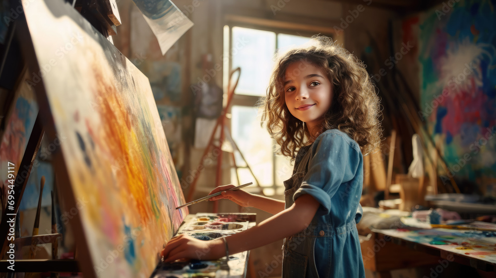 little beautiful girl draws on an easel in an art studio, drawing school, child, childhood, creativity, kid, smiling face, portrait, brush, paints, still life, picture, interior, student, master class