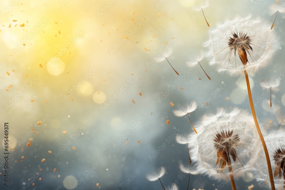 a dandelion blowing in the wind with a blue sky in the background and a yellow and white boke of light coming from the top of the dandelion. a dandelion blowing in the wind with a blue sky in the background and a yellow and white boke of light coming from the top of the dandelion.