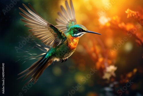  a colorful hummingbird flying in the air with its wings spread and its wings spread out, with a blurry background of orange and yellow flowers in the foreground.