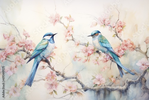  a painting of two blue birds sitting on a branch of a tree with pink flowers in the foreground and a watercolor painting of pink flowers in the background. © Nadia